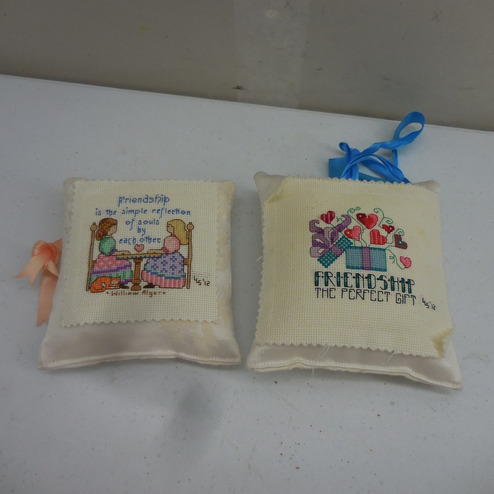 Vintage Cross Stitch Friendship Pillows Set of 2 Handmade Hanging Decor 4.5"